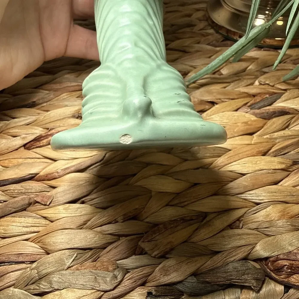 MCM Mint Green Nautilus Shell Vase Fiddlehead Fern Style Matte Pottery Decor